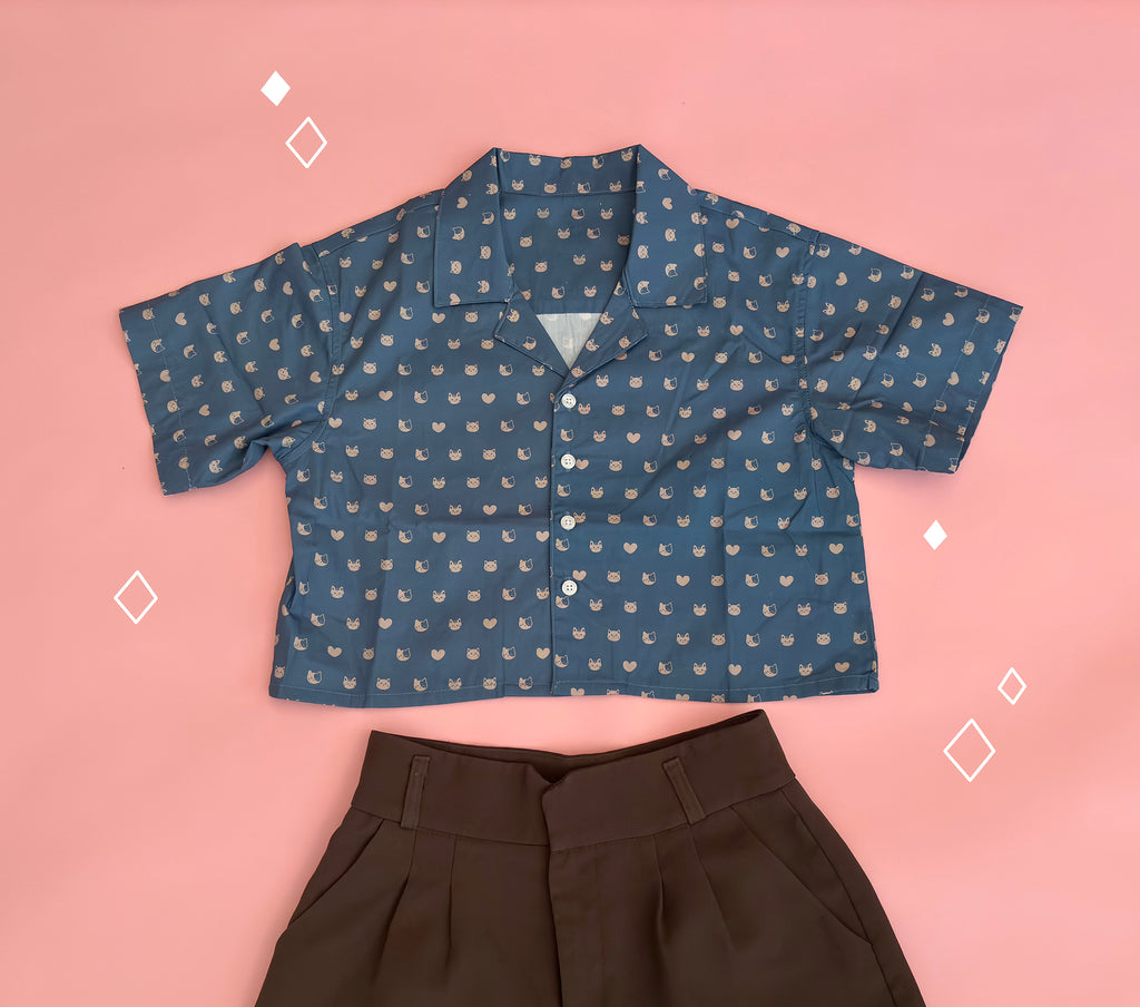 Blue Cropped Button Up Shirt Cat Pattern
