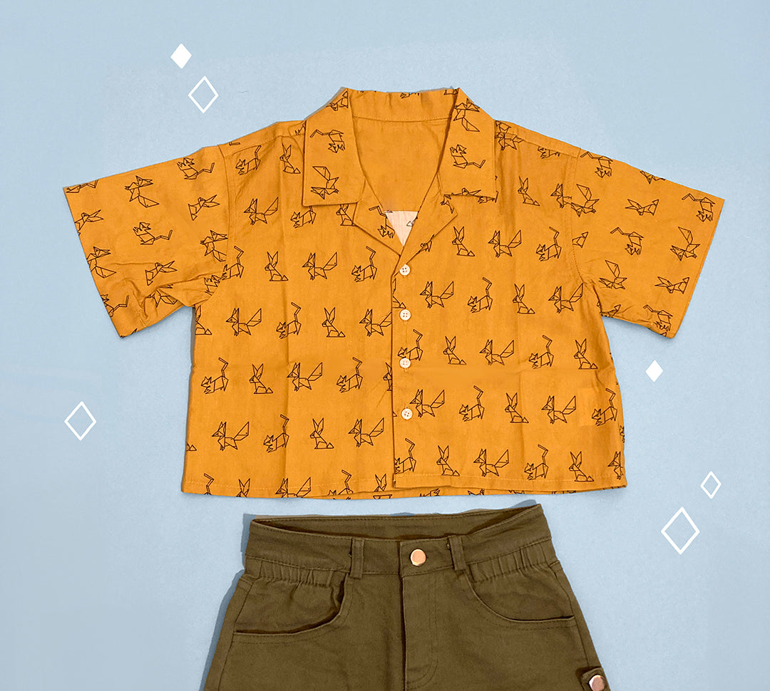 Yellow Cropped Button Up Shirt Origami Pattern