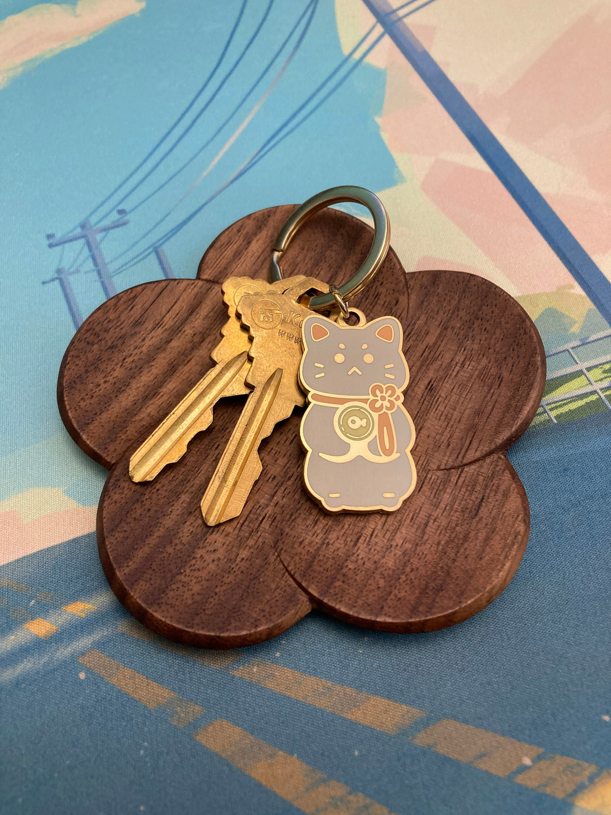 Lucky Cat Enamel Key Chain Matte Gold
