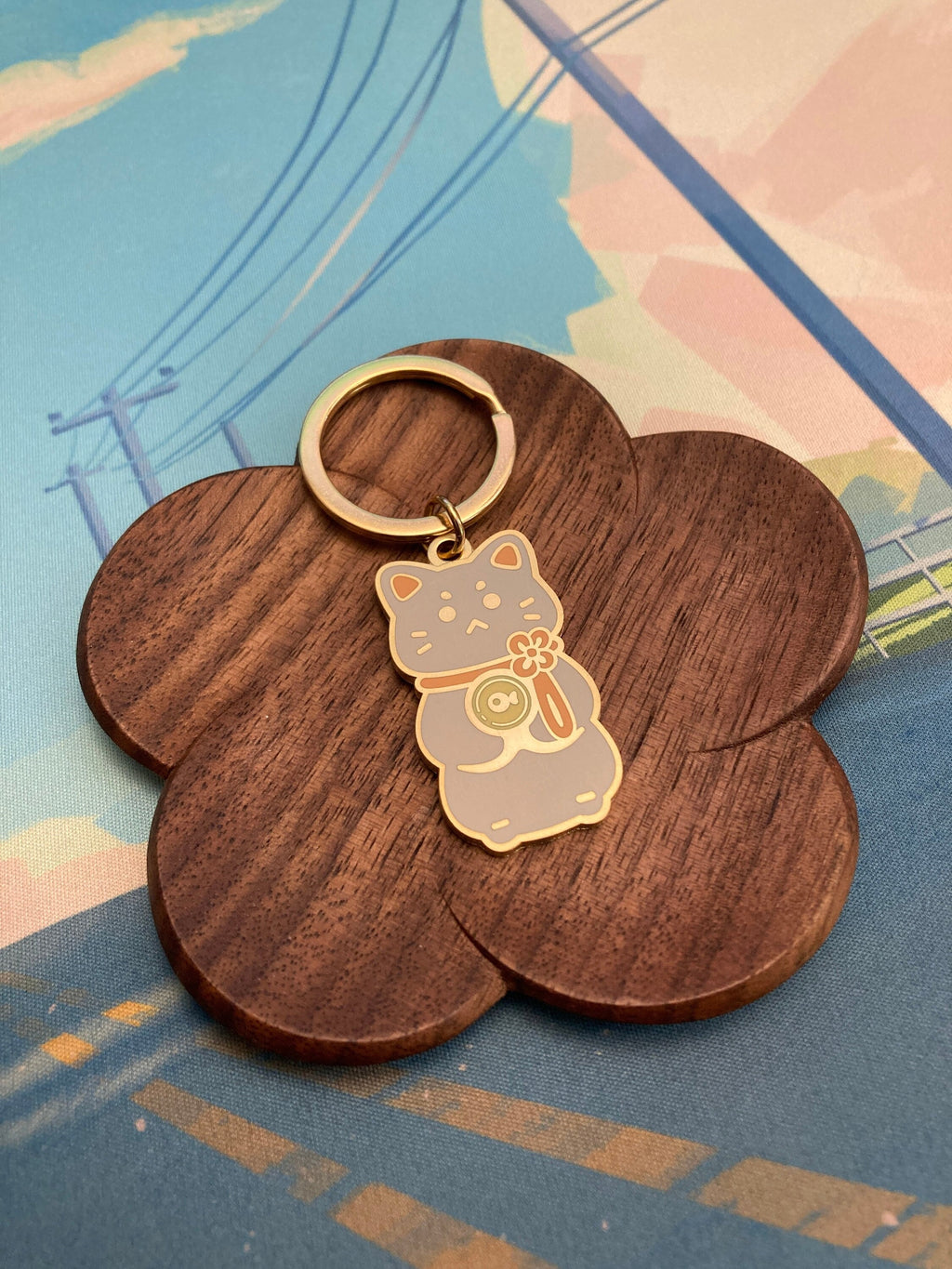 Lucky Cat Enamel Key Chain Matte Gold