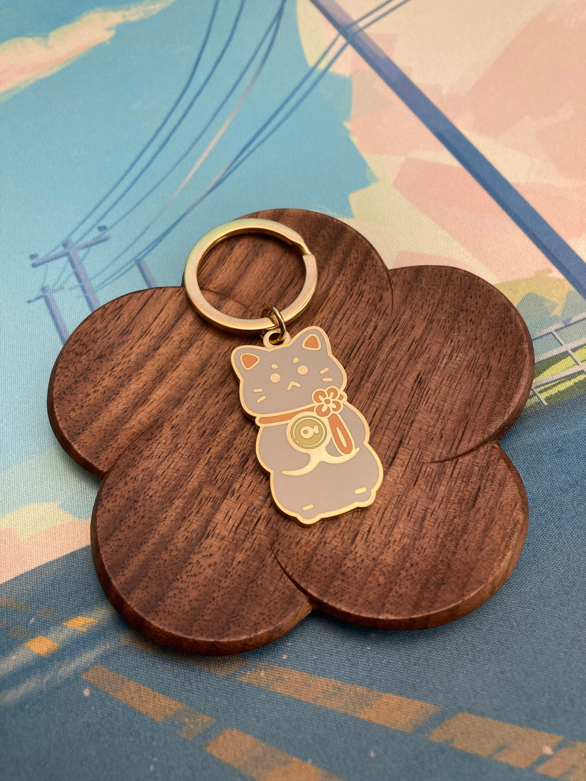 Lucky Cat Enamel Key Chain Matte Gold