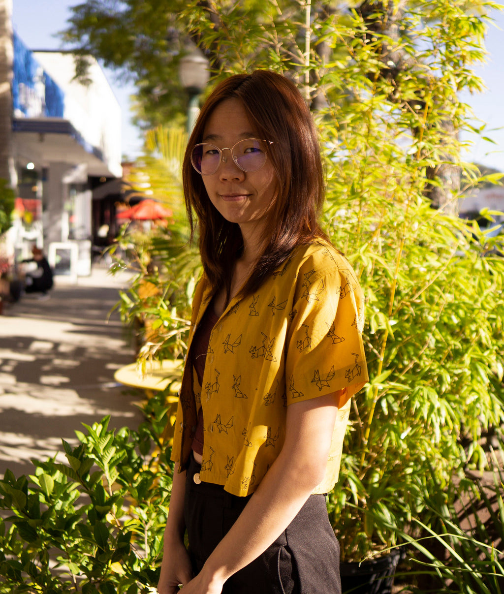 Yellow Cropped Button Up Shirt Origami Pattern