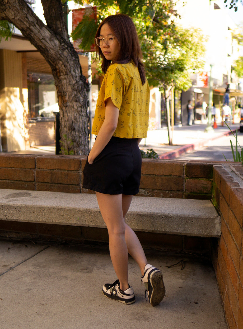 Yellow Cropped Button Up Shirt Origami Pattern
