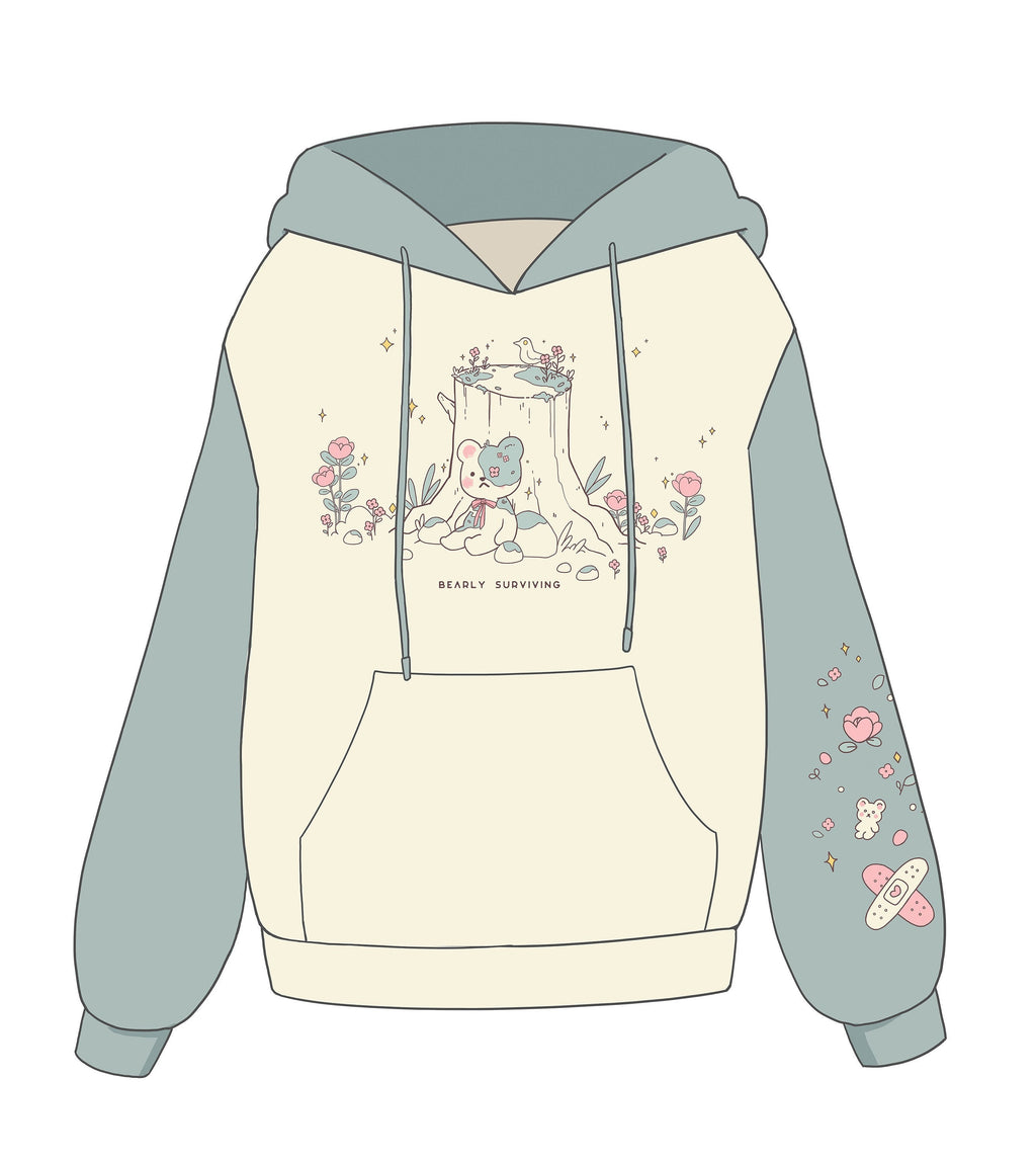 Bearly Surviving Embroidered Color Block Hoodie