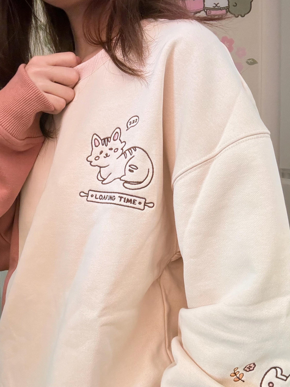Cat Bread Embroidered Color Block Sweater