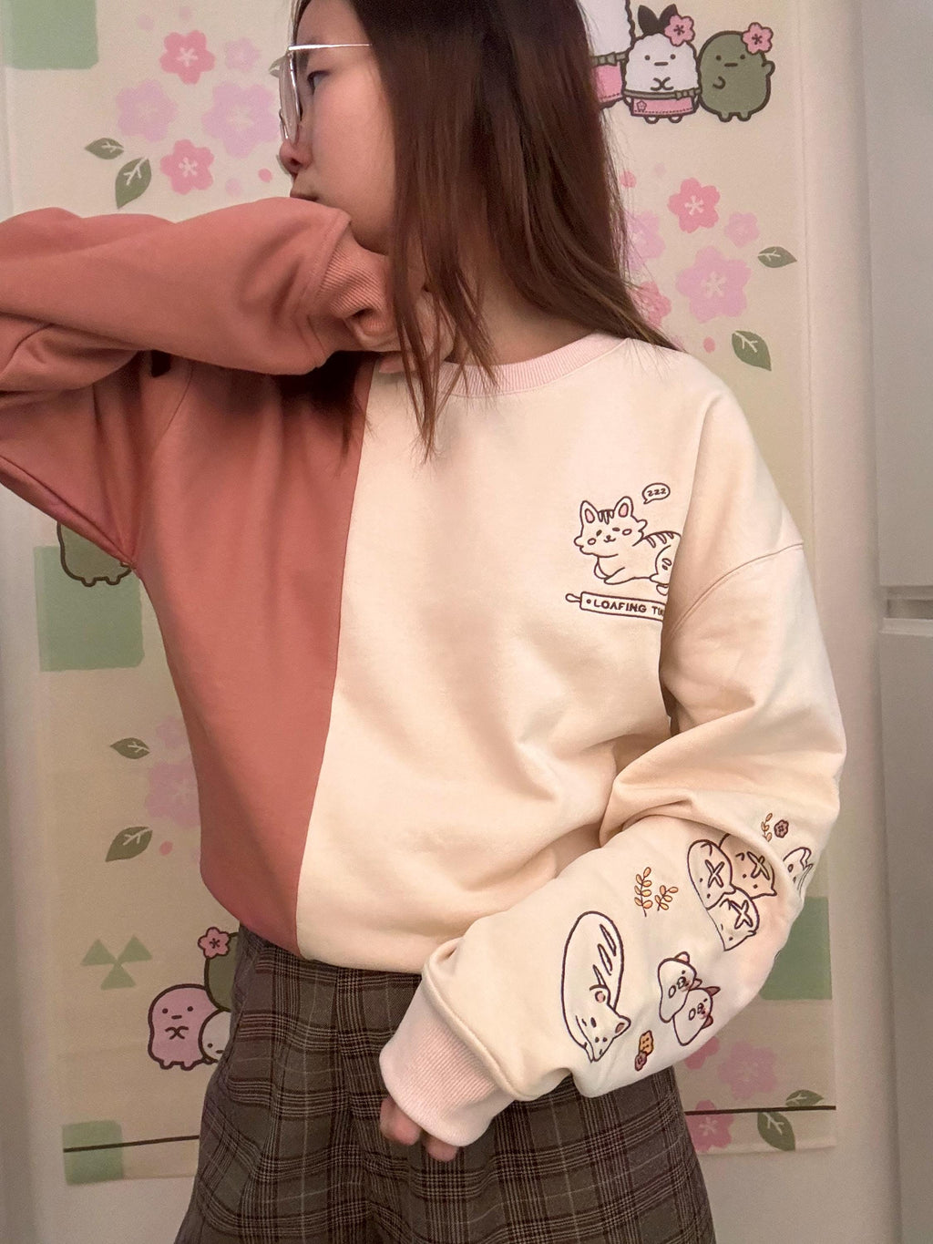 Cat Bread Embroidered Color Block Sweater