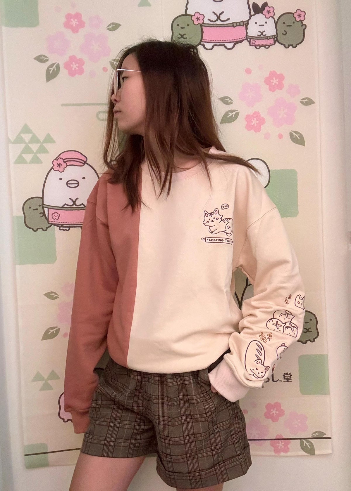 Cat Bread Embroidered Color Block Sweater