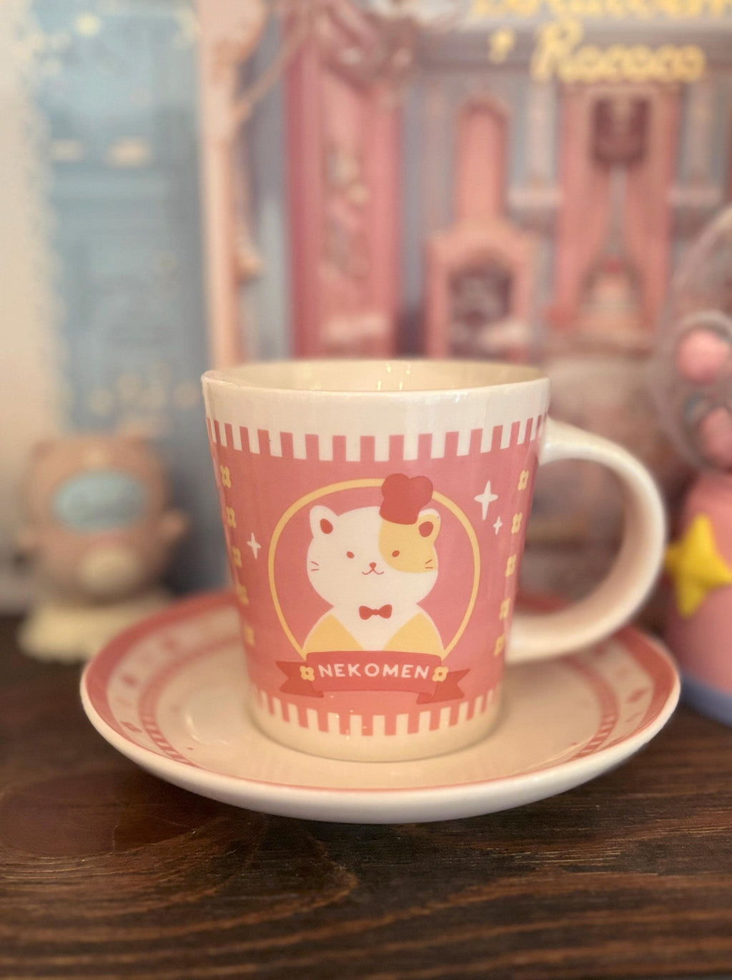 Cat Ramen Mug and Saucer Pink/ Blue Set