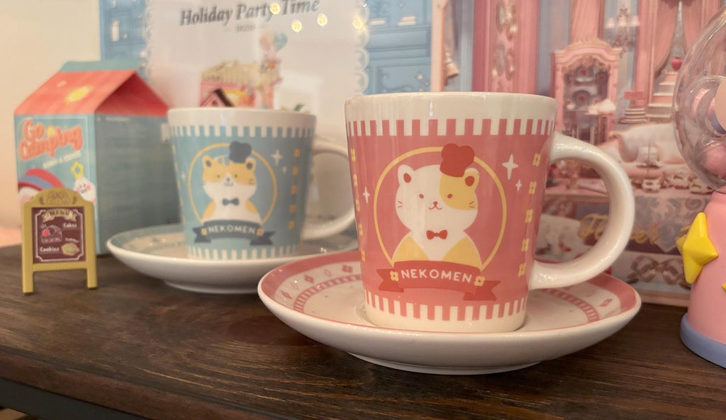 Cat Ramen Mug and Saucer Pink/ Blue Set