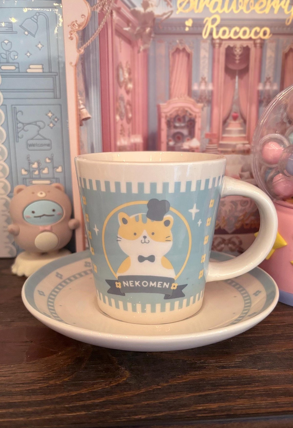 Cat Ramen Mug and Saucer Pink/ Blue Set